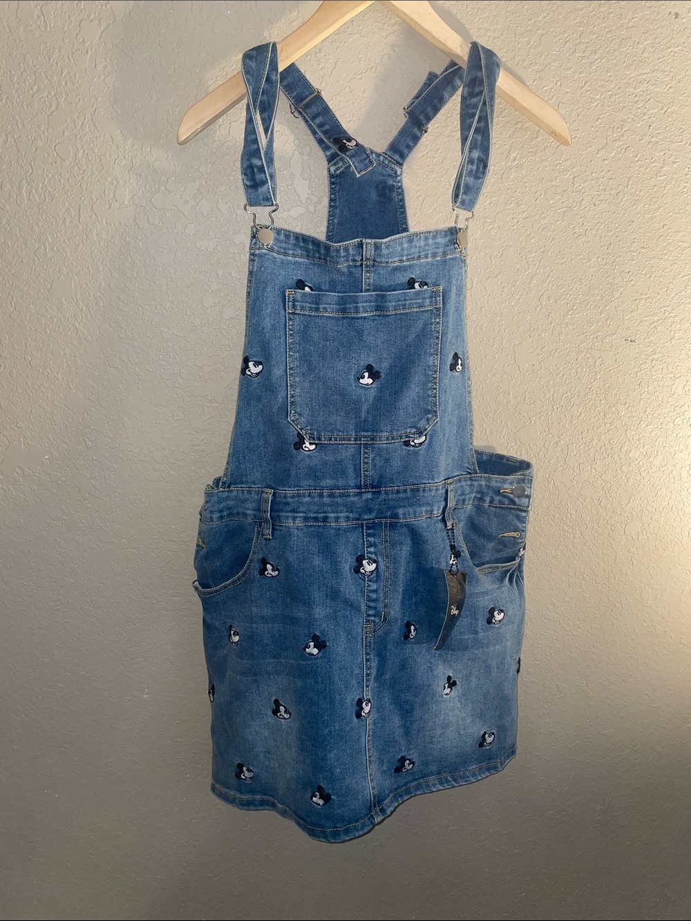 Cake Worthy x Mickey Mouse Denim Overall Dress with Embroidered Mickey Heads